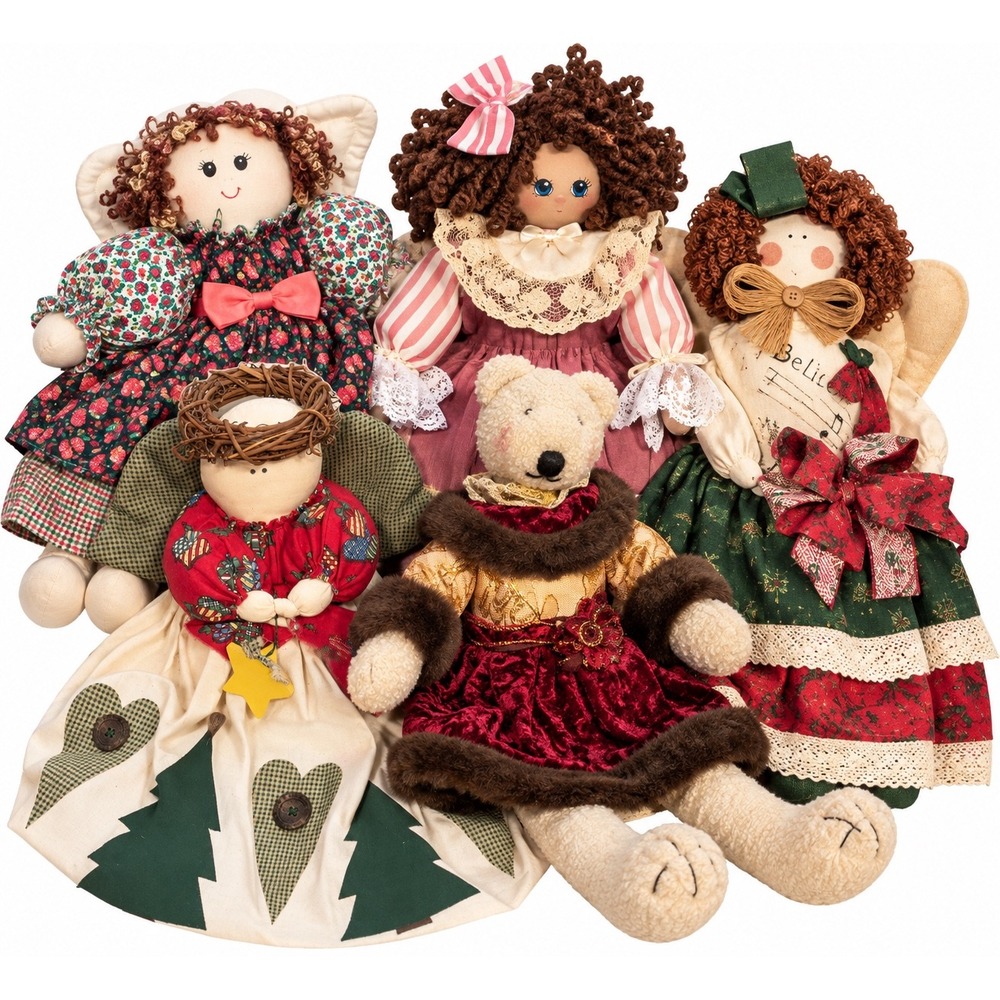 Vintage Primitive Folk Art Angel Dolls and Teddy Bear Plush  5 Rustic Decor